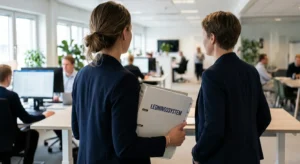 Kollegor som diskuterar ledningssystem