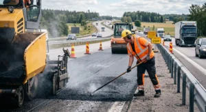 Vägarbete med läggning av ny asfalt på väg i Halland