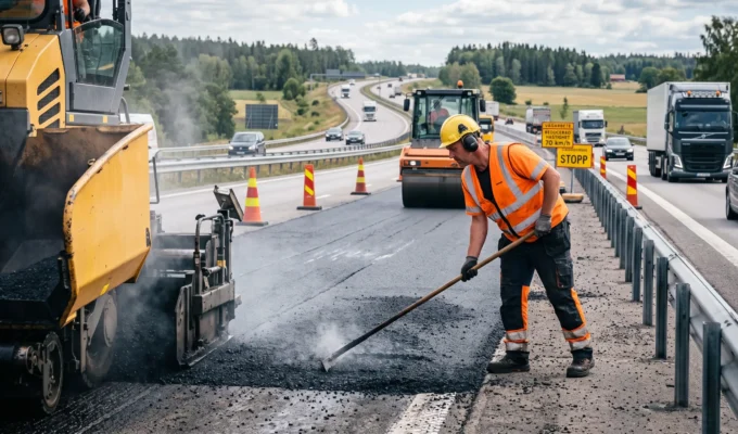 Vägarbete med läggning av ny asfalt på väg i Halland